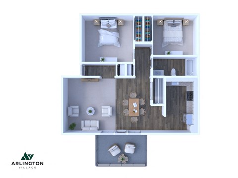 a 3d furnished floor plan of a 1 bedroom apartment